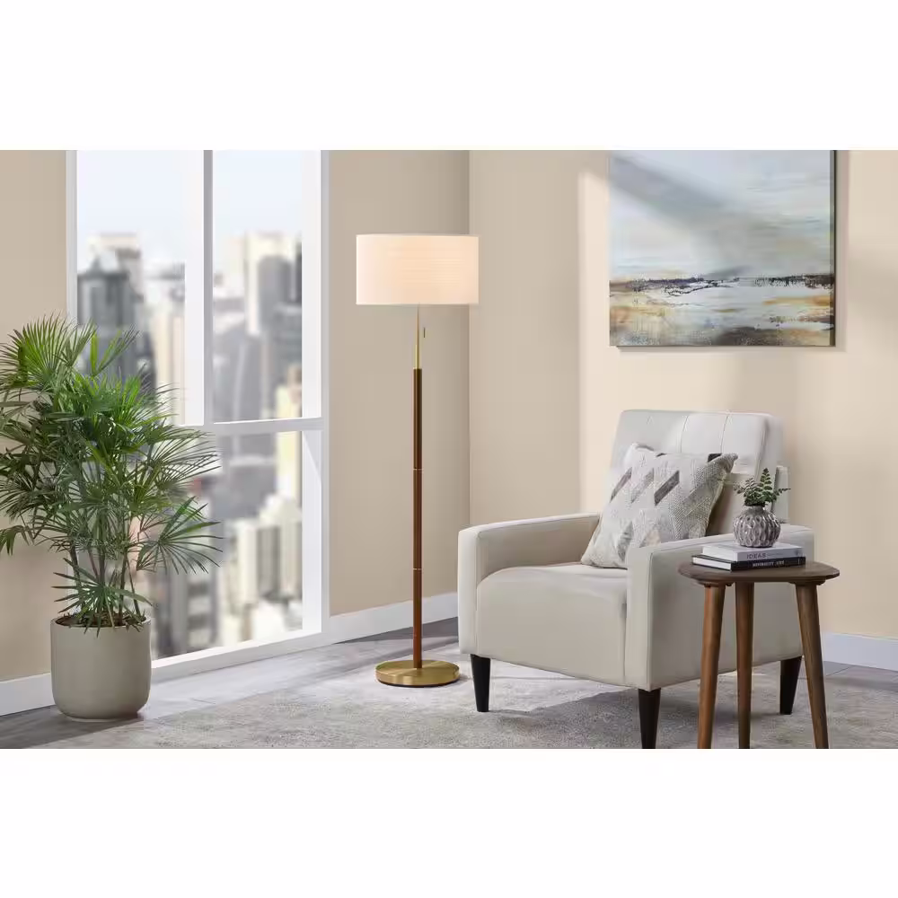 Hampton Bay Truman 58 in. Walnut and Brass Floor Lamp