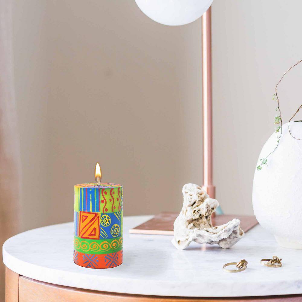Global Craft Unscented Hand-Painted Orange Pillar Candle in Gift Box, 4-inch (Shahida Design)