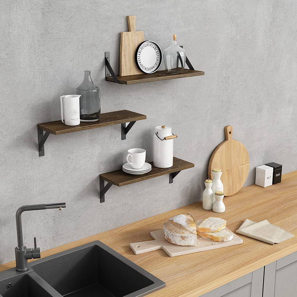 None 17 in. W x 6 in. D Rustic Brown Wood Decorative Wall Shelf Floating Shelves Wall Mounted Set of 3