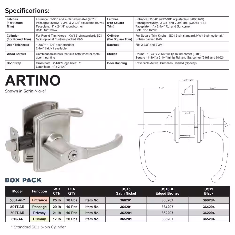 DELANEY HARDWARE Italian Collection Artino Black Keyed Entry Door Handle