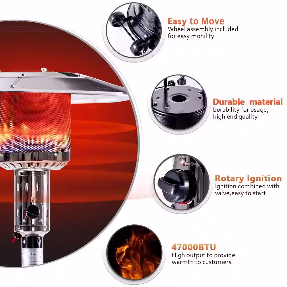 None 88 in. 47,000 BTU Outdoor Patio Propane Heater with Portable Wheels Standing Stainless Steel Burner Black