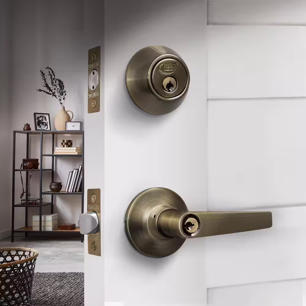 Premier Lock Antique Brass Entry Lock Set Door Lever Handle and Deadbolt Keyed Alike SC1 Keyway. 16 Total Keys, Keyed Alike by Set