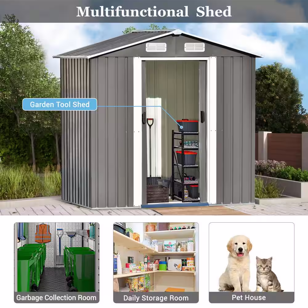 TIRAMISUBEST 6.43 ft. W x 4.33 ft. D Gray Garden Shed Metal Storage Shed with Lockable Door, Vents and Foundation (24 sq. ft.)