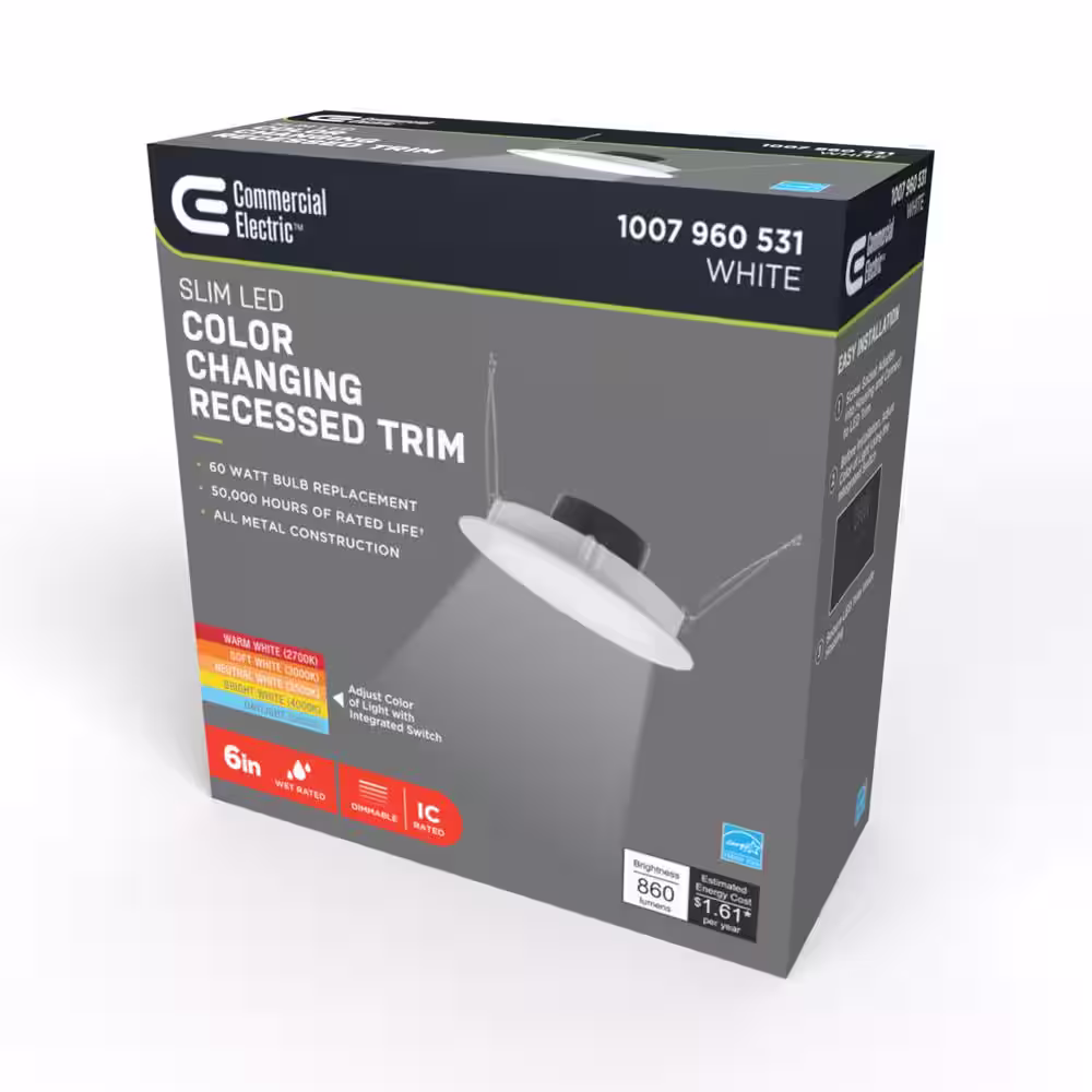 Commercial Electric Integrated LED 6-inch Retro Fit Ultra Slim Selectable Color Recessed Light, White, Energy Star, Title 20, Wet Rated