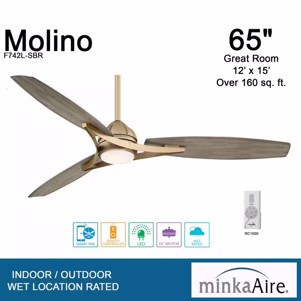 MINKA-AIRE Molino 65 in. Integrated LED Indoor/Outdoor Soft Brass Smart Ceiling Fan with Light and Remote Control