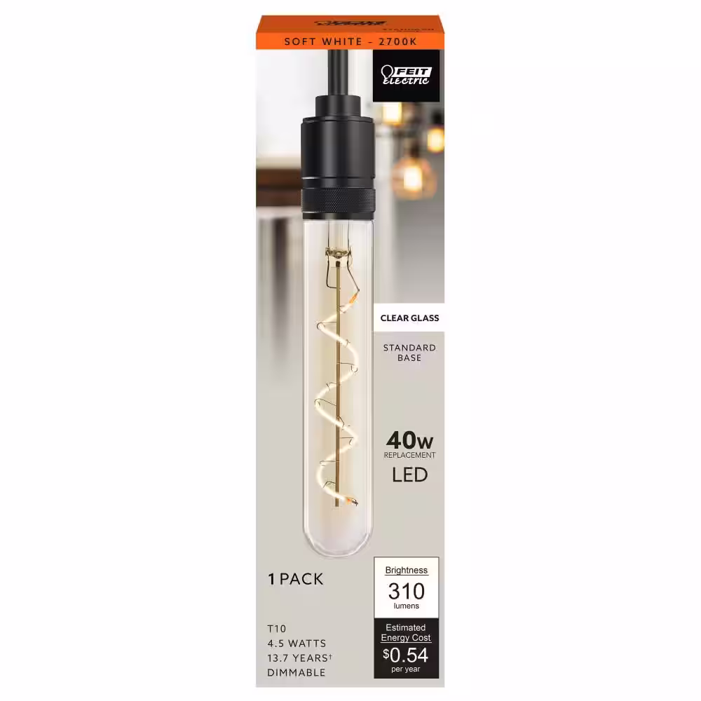 Feit Electric 40-Watt Equivalent T10 Dimmable Spiral Filament Large Clear Glass E26 Vintage Edison LED Light Bulb Soft White (12-Pack)