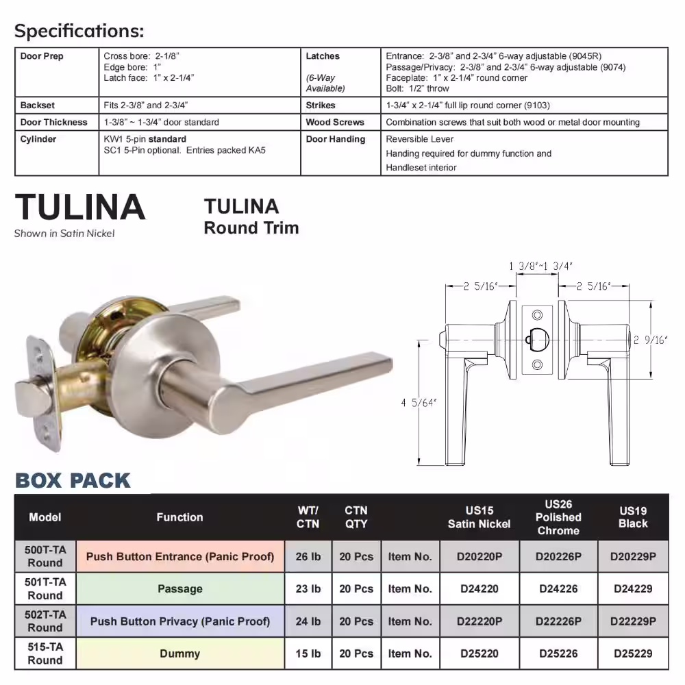 DELANEY HARDWARE Tulina Contemporary Style Satin Nickel Straight Rectangle Single Dummy Door Lever