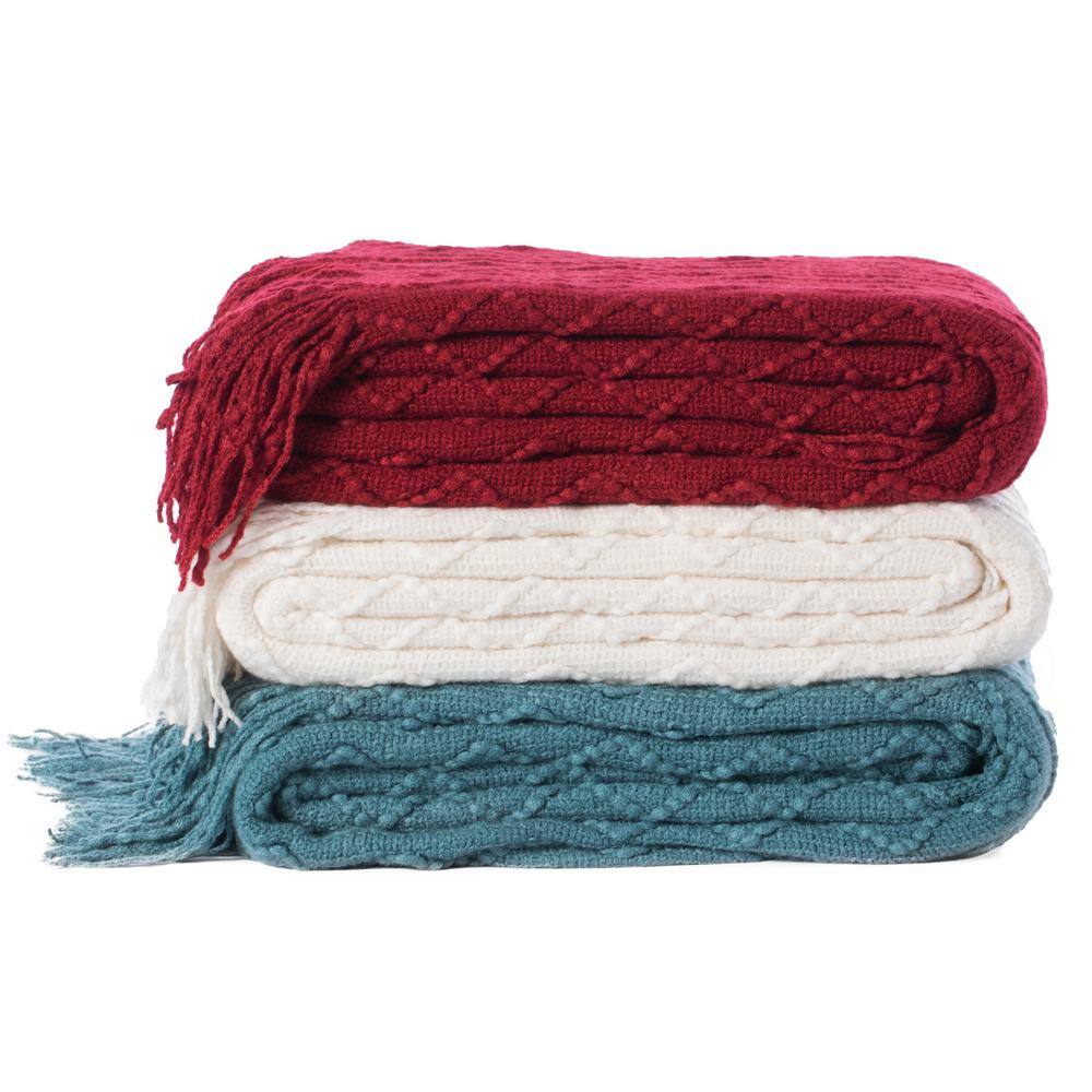 Quickway Imports White Decorative Chevron Pattern Knit Throw Blanket with Fringe