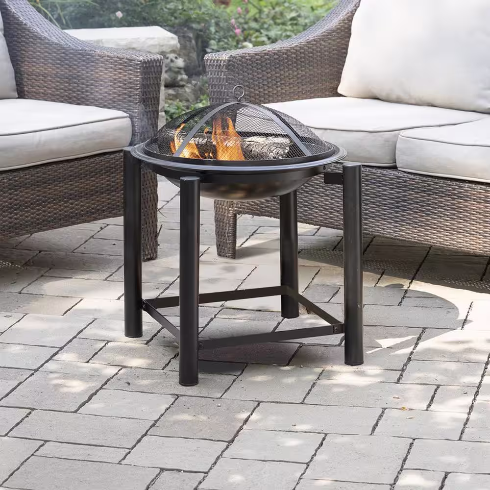 BLUE SKY OUTDOOR LIVING 21.5 in. Round Steel Wood Fire Pit On Raised 4-Post Platform with Screen, Screen Lift, And Log Grate