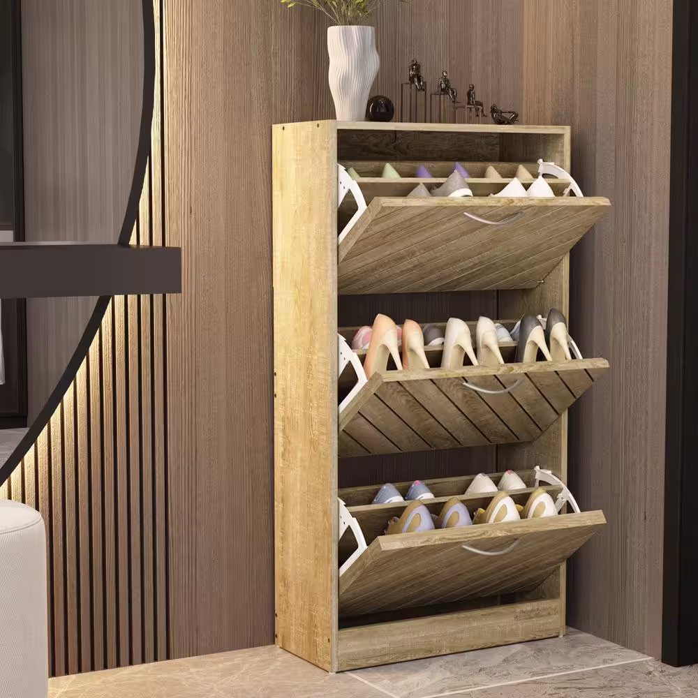 None Brown Wood Grain Shoe Storage Cabinet with 3-Drawers and 6-Compartments for Entryway Hallway