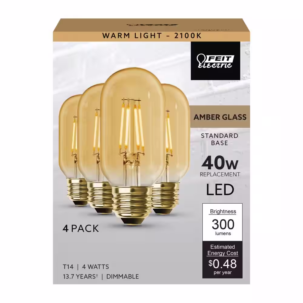 Feit Electric 40-Watt Equivalent T14 Dimmable Straight Filament Amber Glass Vintage Edison E26 LED Light Bulb, Warm White (12-Pack)