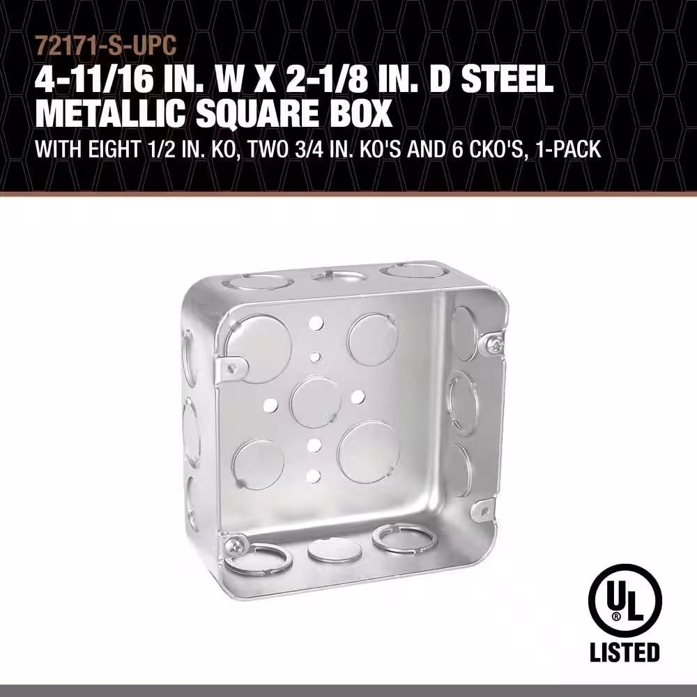 Southwire 4-11/16 in. W x 2-1/8 in. D Steel Metallic Square Box with Eight 1/2 in. KO, Two 3/4 in. KO's and 6 CKO's, 1-Pack
