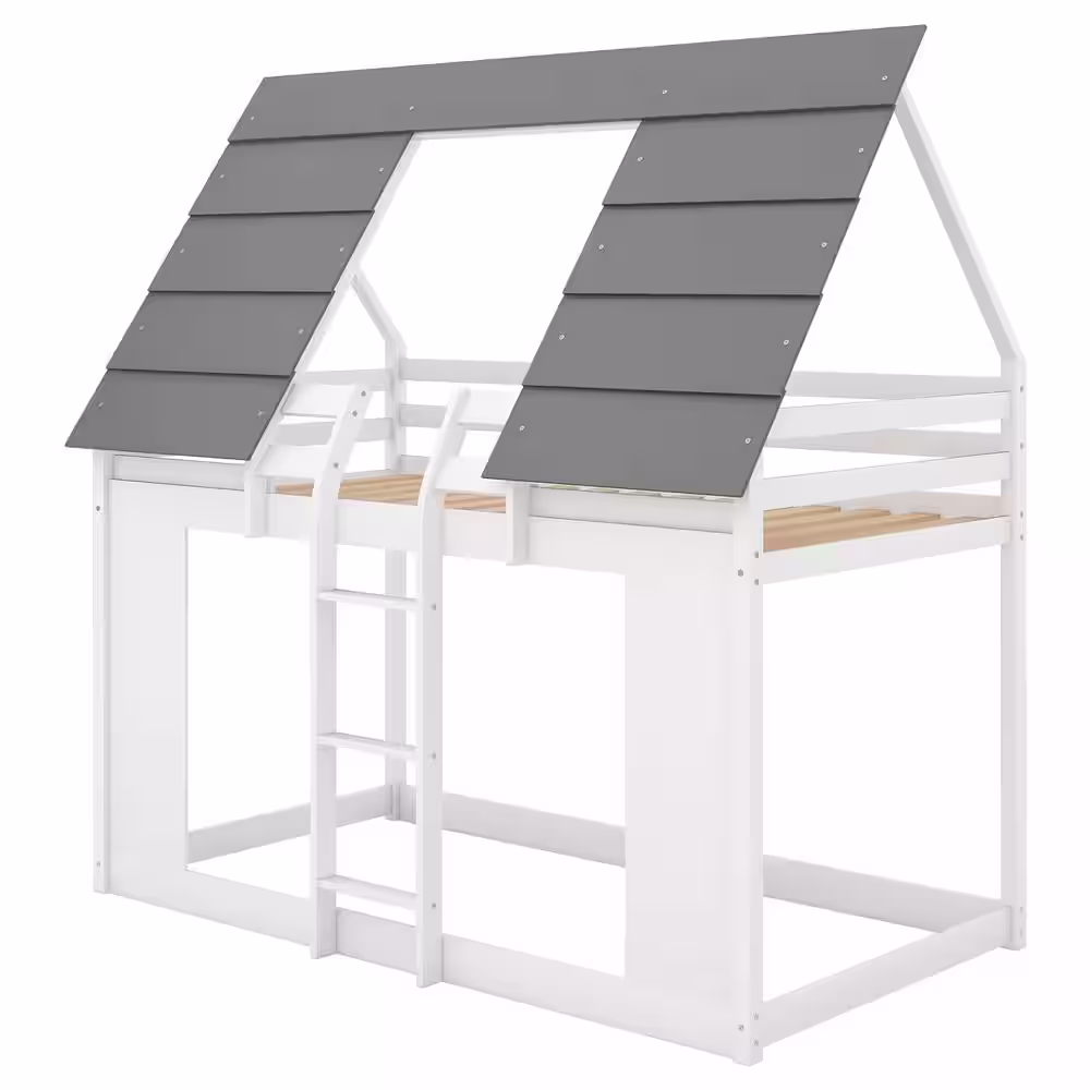 Harper & Bright Designs White Wood Frame Twin Size House Bunk Bed with Roof and Built-in Ladder