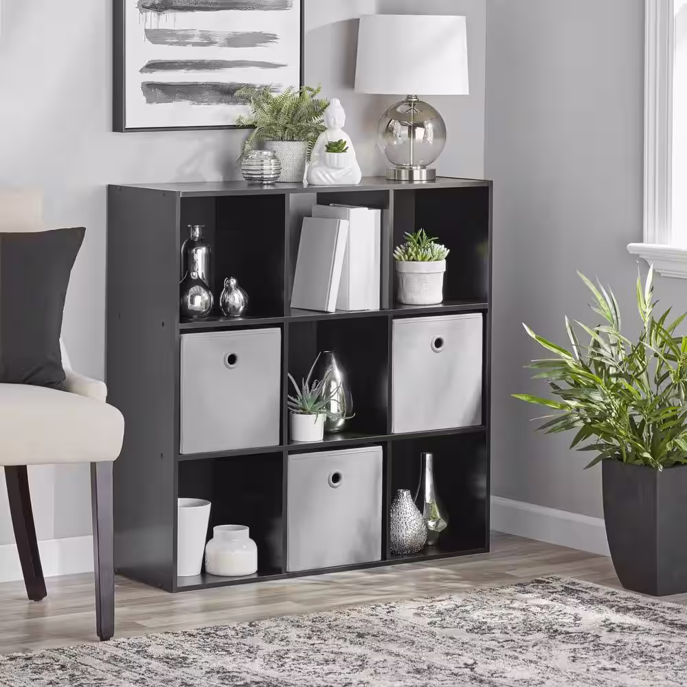None Black 9-Cube Storage Organizer Magazine Rack