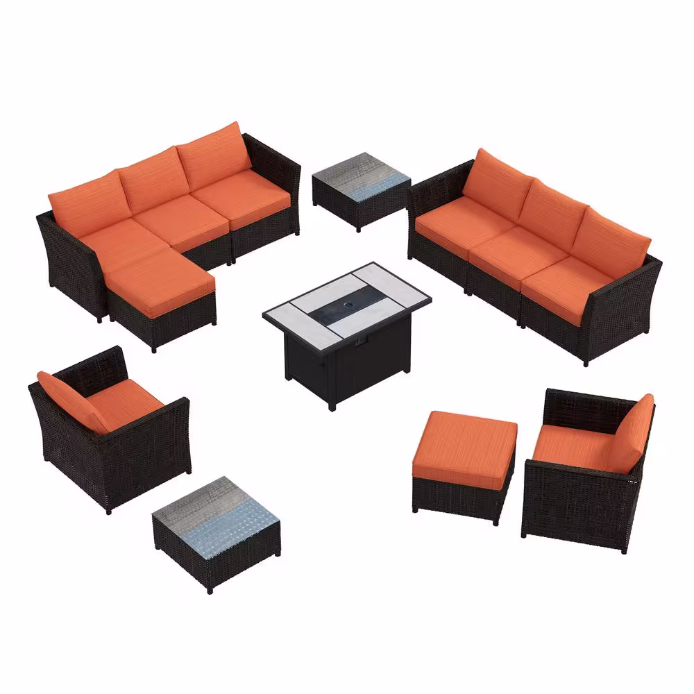 OVIOS Rimaru 12-Piece Wicker Outdoor Patio Fire Pit Conversation Seating Set with Orange Red Cushions