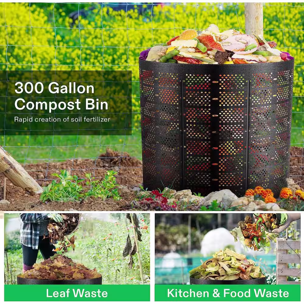 VIVOSUN 300 Gallon Black Outdoor Compost Bin with Gloves