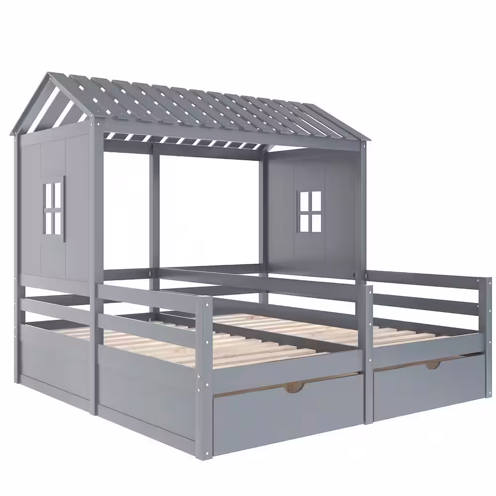 Harper & Bright Designs 77.3 in. W Gray Twin Size Wood Frame Combination of 2 Side by Side Platform Bed