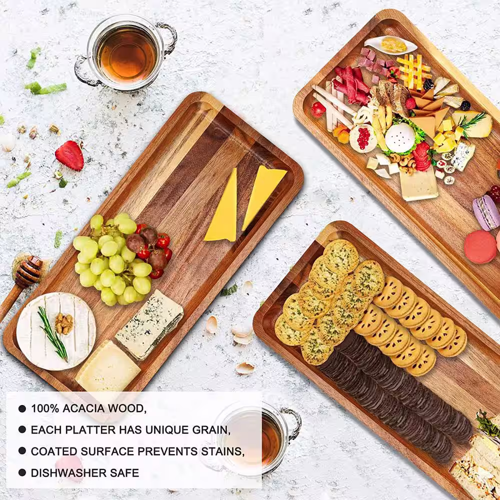 None 17 in. L x 24 in. W Acacia Wood Decorative Tray for Party