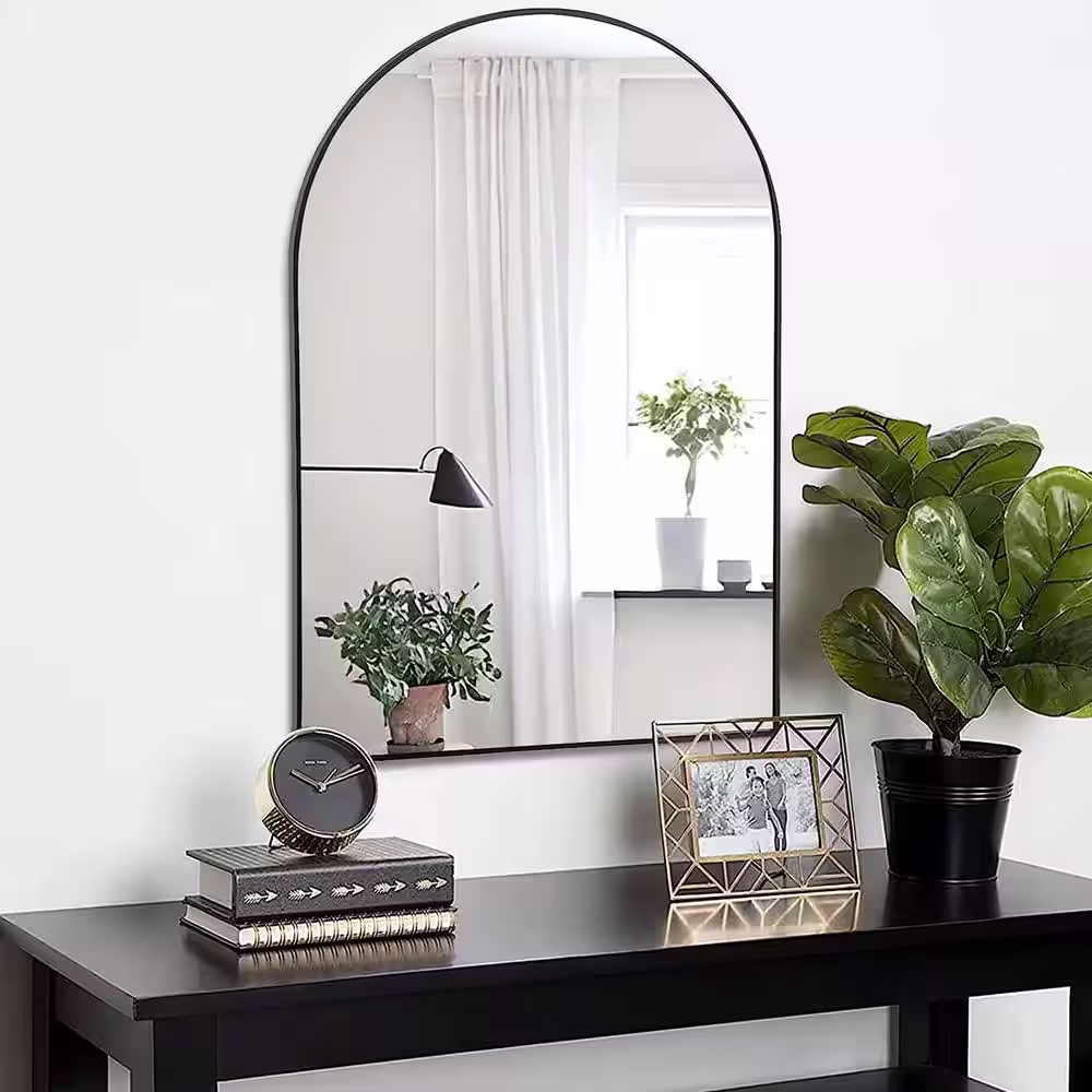 None 20 in. W x 30 in. H Arched Wall Mirror Suitable for Bedroom, Metal Framed Large Mirror for Bedroom in Black
