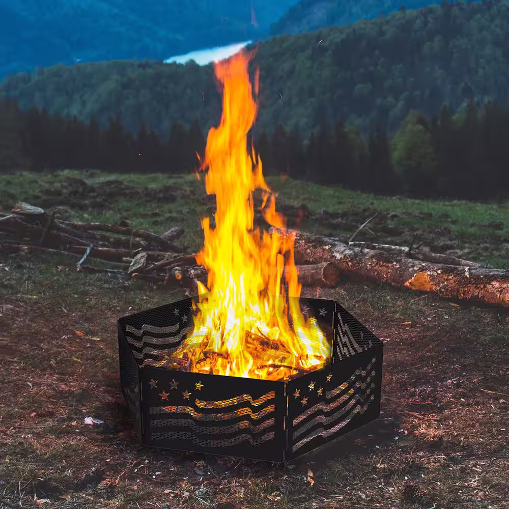 BLUE SKY OUTDOOR LIVING The Zion 36 in. x 12 in. Hexagon Steel Portable Folding Wood Fire Pit Ring with Carrying Bag - Stars and Stripes