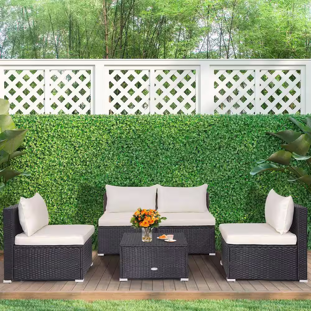 HONEY JOY 5-Piece Patio Furniture Set Outdoor Rattan Sofa Set with Seat and White Cushions Convenient Square Coffee Table