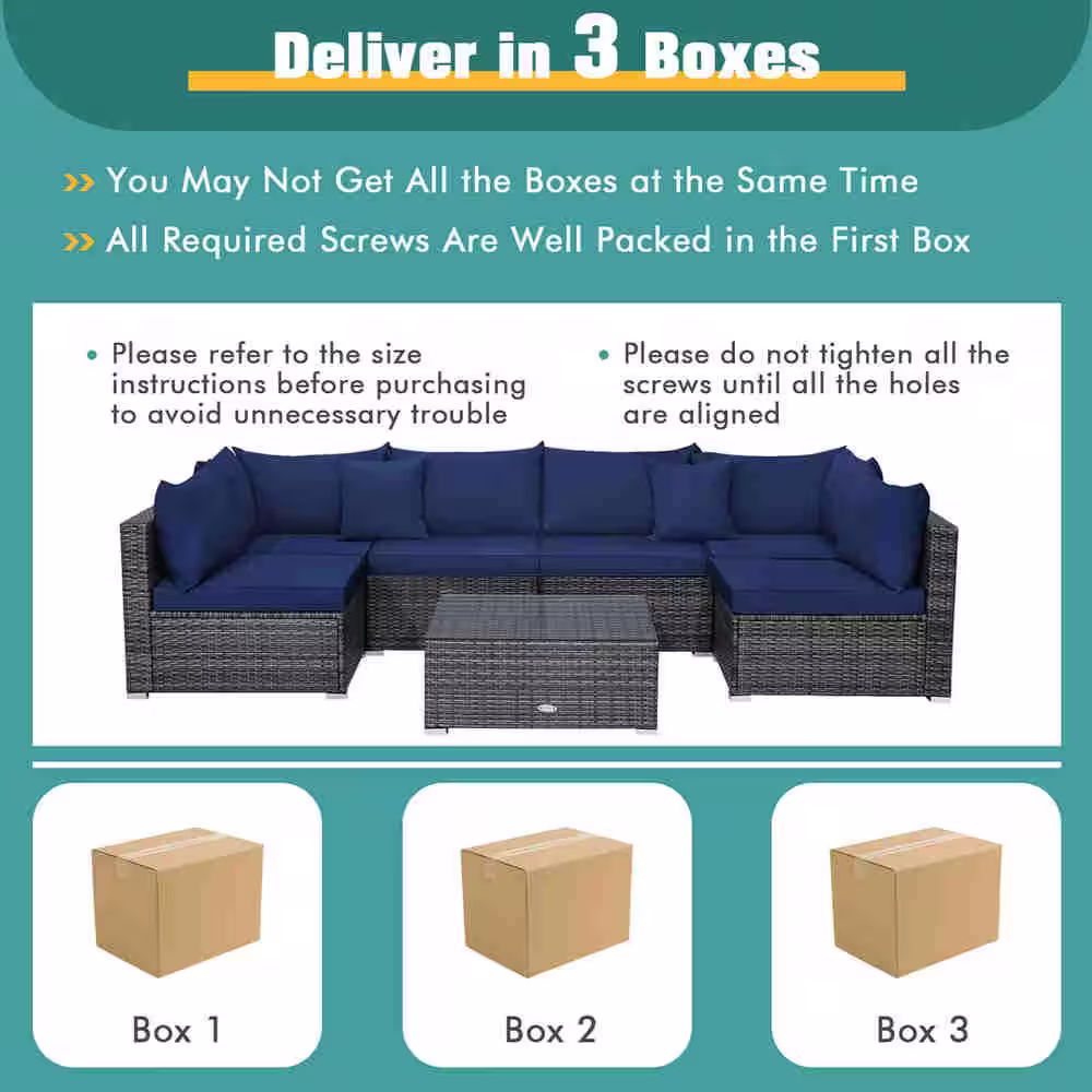Costway 7-Piece Patio Rattan Furniture Set Sectional Sofa Cushioned Garden Navy