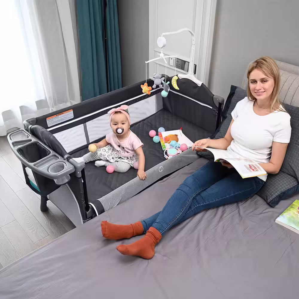 FUFU&GAGA Gray Multifunctional Foldable Baby Crib Co-sleeper Playpen Adjustable Infant Bassinet Bed with Carry Bag Hanging Toys