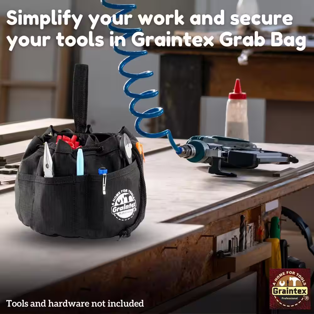 Graintex 10 in. 18-Pockets Grab Tool Bag with Drawstring Closure in Black Canvas