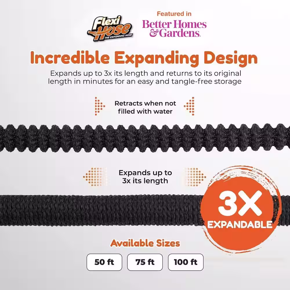 None Flexi Hose 3/4 in x 100 ft. with 8 Function Nozzle Expandable Garden Hose, Lightweight & No-Kink Flexible, Black