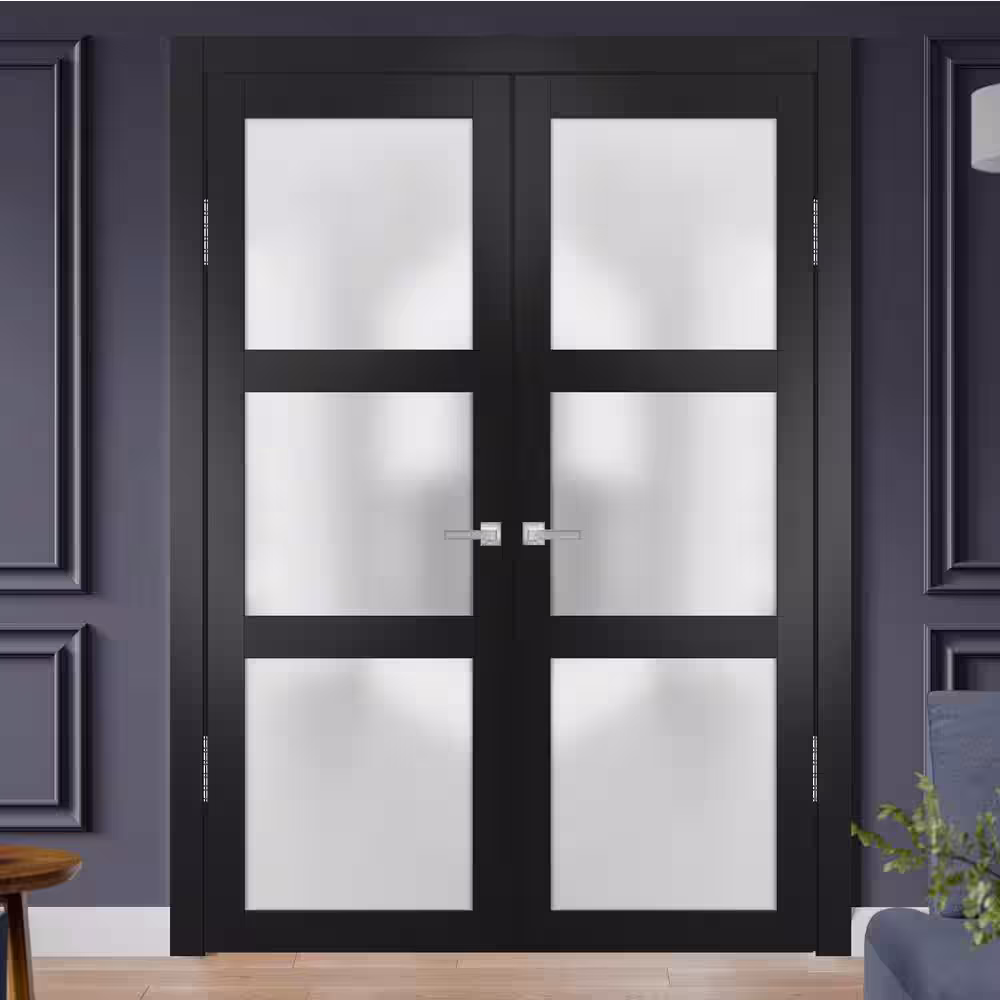 Sartodoors 2552 64 in. x 84 in. Universal Handling Frosted Glass Solid Core Black Finished Pine Wood Interior Door Slab