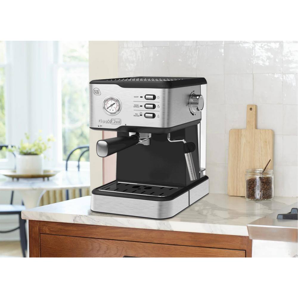 None 2-Cup Stainless Steel Espresso Machine Coffee Maker with pressure gauge, Milk Frother Steam Wand, 1.5L Water Tank