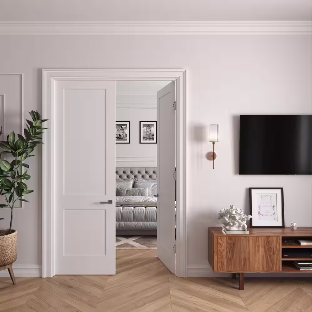 RESO 44 in. x 96 in. Bi-Parting Solid Core Primed White Composite Wood Double Pre-hung interior French Door Polished Nickel
