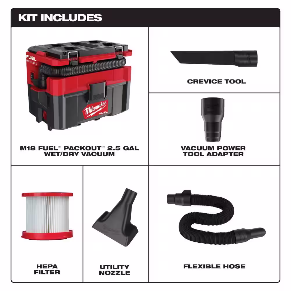 Milwaukee M18 FUEL PACKOUT 18-Volt Lithium-Ion Cordless 2.5 Gal. Wet/Dry Vacuum and AIR-TIP 4-IN-1 Right Angle Tool Attachment