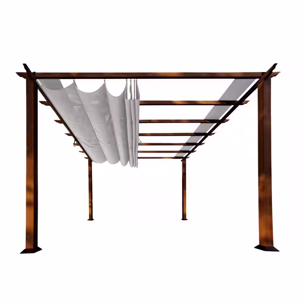 Paragon Outdoor Florence 11 ft. x 11 ft. Aluminum Pergola with Chilean Wood Grain Finish and Gray Color Convertible Canopy