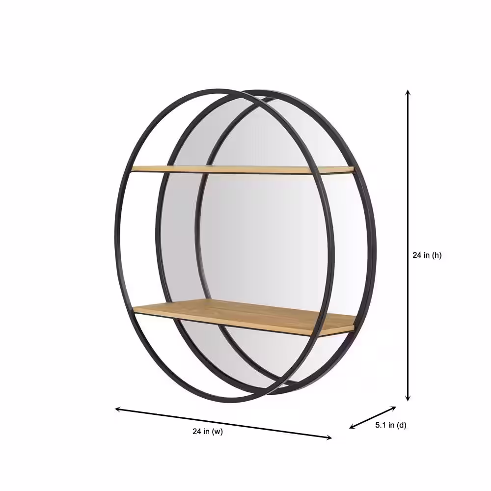 StyleWell Round Wood Black Metal Wall-Mount Bookshelf with Mirror