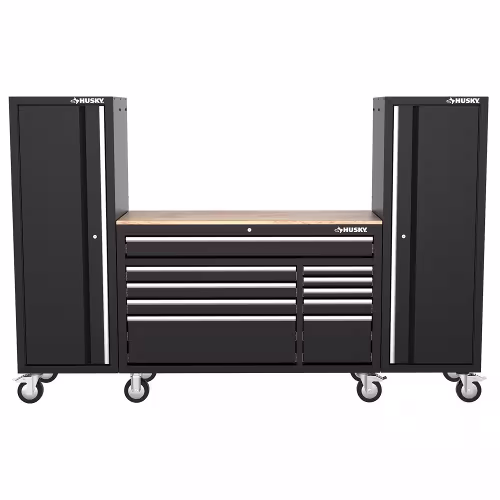 Husky Modular 92 in. W 10-Drawer Black Mobile Workbench Cabinet  with (2) 20 in. Side Lockers