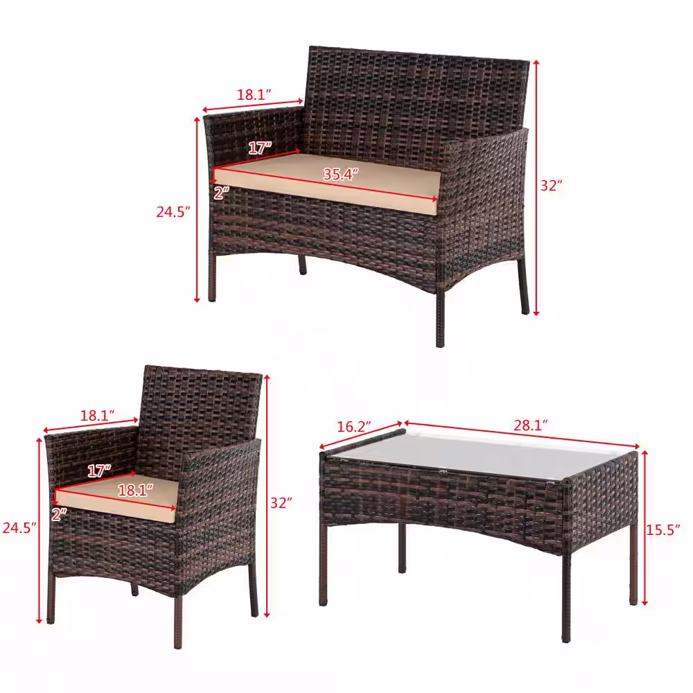 Karl home 4-Piece Wicker Patio Conversation Set with Beige Cushions