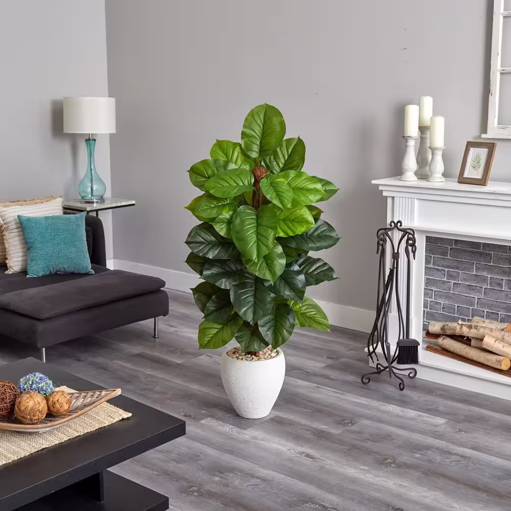 Nearly Natural Real Touch 5 ft. Indoor Large Leaf Philodendron Artificial Plant in White Oval Planter