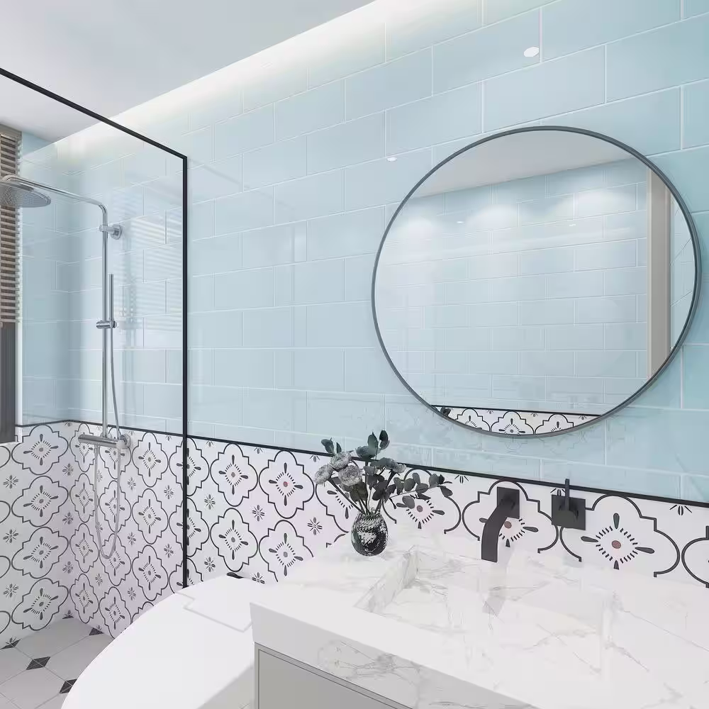Giorbello Morning Sky Blue 6 in. x 12 in. x 8mm Glass Subway Wall Tile (5 sq. ft./Case)