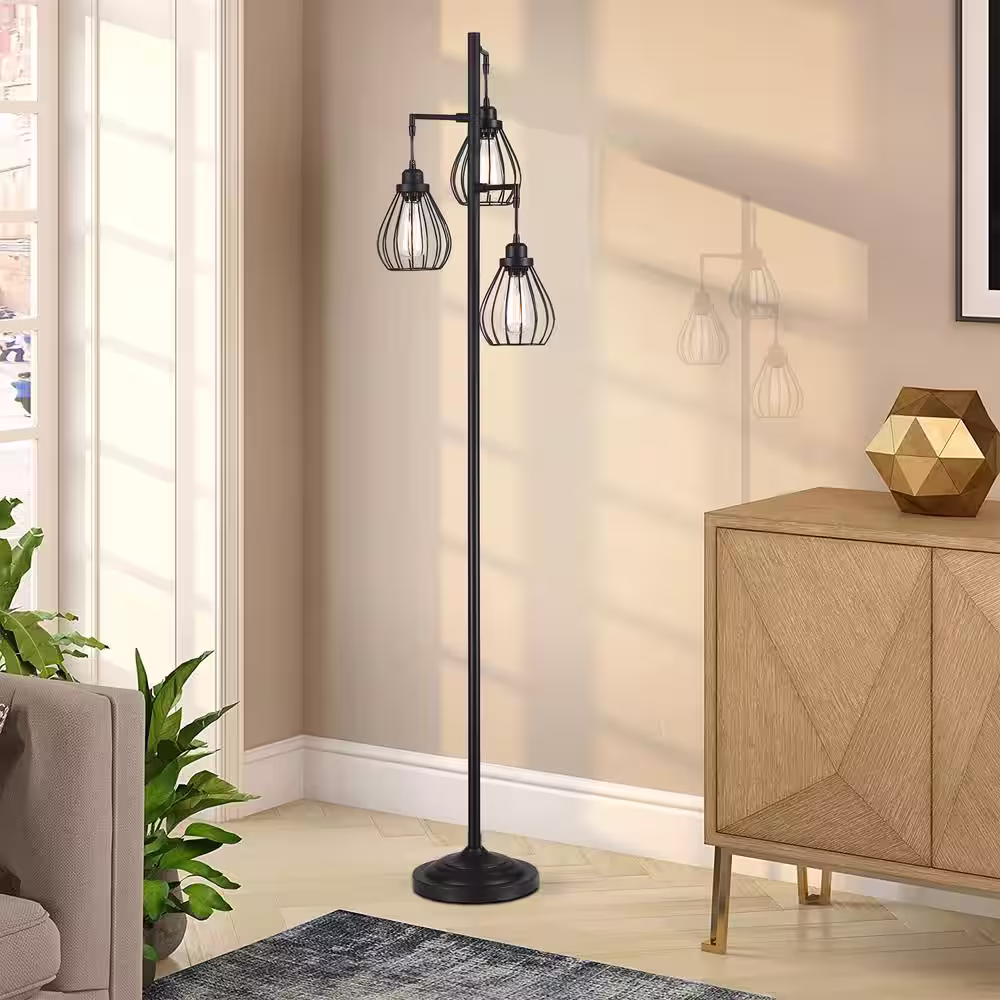 Hukoro Mousse 69 in. 3-Light Tree Floor Lamp with Matte Black Finish and Hanging Steel Cage Shade