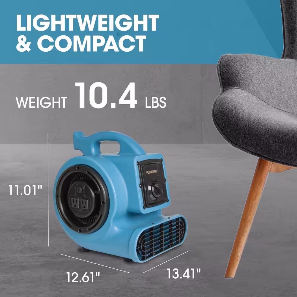 None 1/5 HP Air Mover Carpet Dryer Blower Floor Fan with 800 CFM, GFCI Daisy Chain, Blue