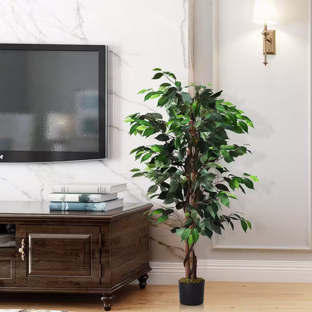 ANGELES HOME 4 ft. Green Indoor Outdoor Decorative Artificial Ficus Tree Plant in Pot, Faux Fake Tree Plant