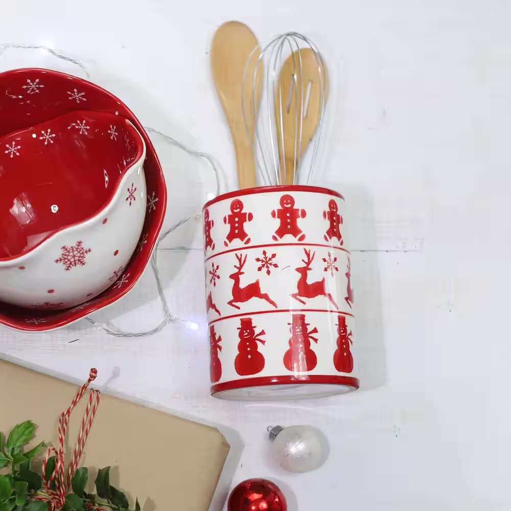 Euro Ceramica Winterfest Red/White Ceramic Utensil Holder