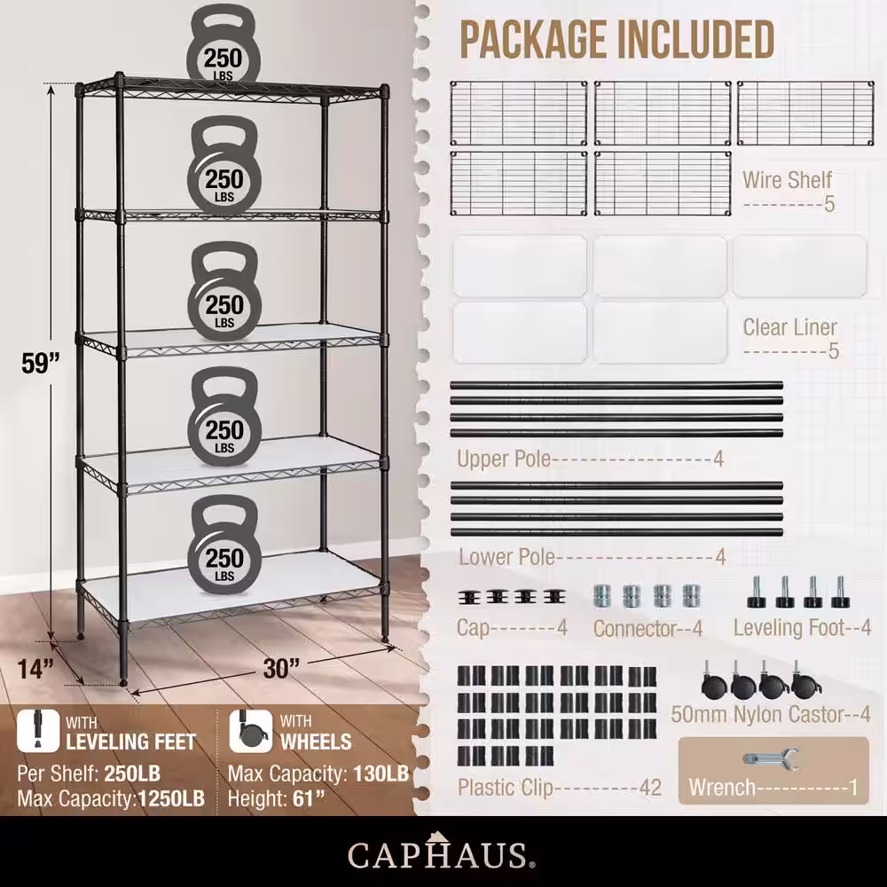 None Black 5-Tier Adjustable Height Welded Garage Storage Shelving Unit with Liner/Wheels (30 in. W x 61 in. H x 14 in. D)