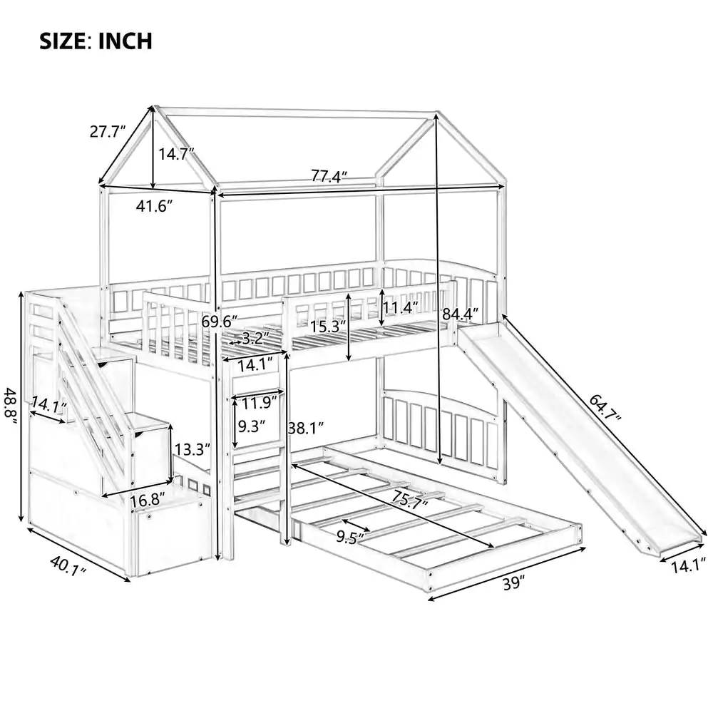 Harper & Bright Designs White Twin Over Twin Wood House Bunk Bed with 2-Drawers, Stairs and Slide