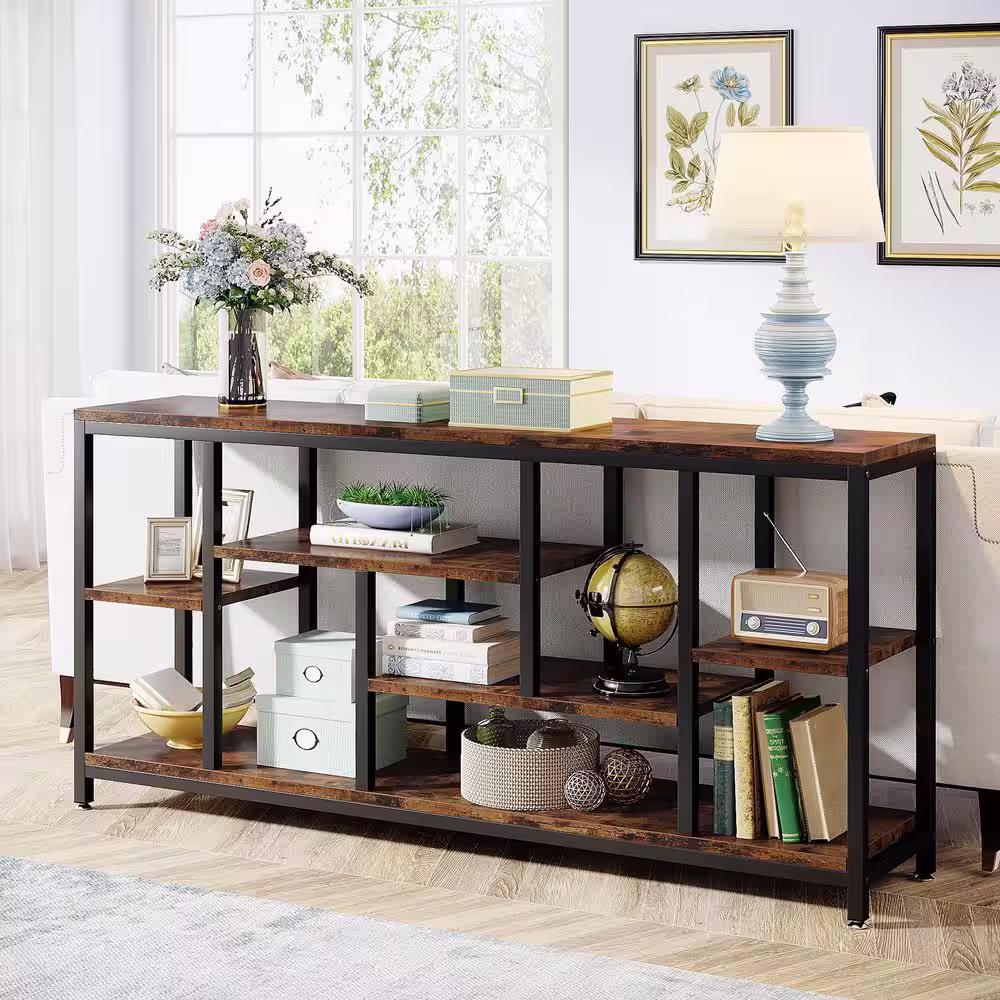 None Turrella 70.9 in. Brown 35.8 in. Height Rectangle Wood Console, Sofa Extra Long Behind Couch Table with 3 Shelf