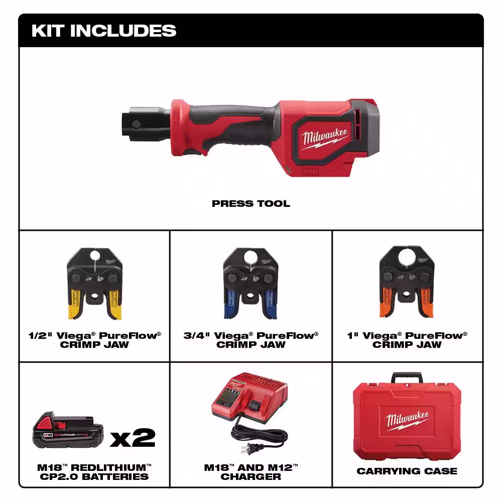 Milwaukee M18 18- volt Lithium-Ion Cordless Short Throw PEX Press Tool Kit with M12 PVC Shear Kit