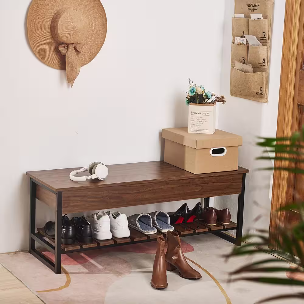 Merra Walnut Entryway Shoe Storage Bench with Shelf (17.7 in H x 47.2 in W x 15.7 in. D)