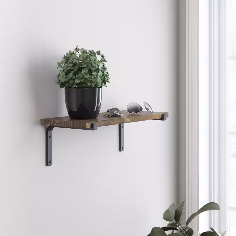 Liberty 24 in. x 8 in. x 6 in. Medium Stained Solid Pine Decorative Wall Shelf with Matte Black Wraparound Steel Brackets