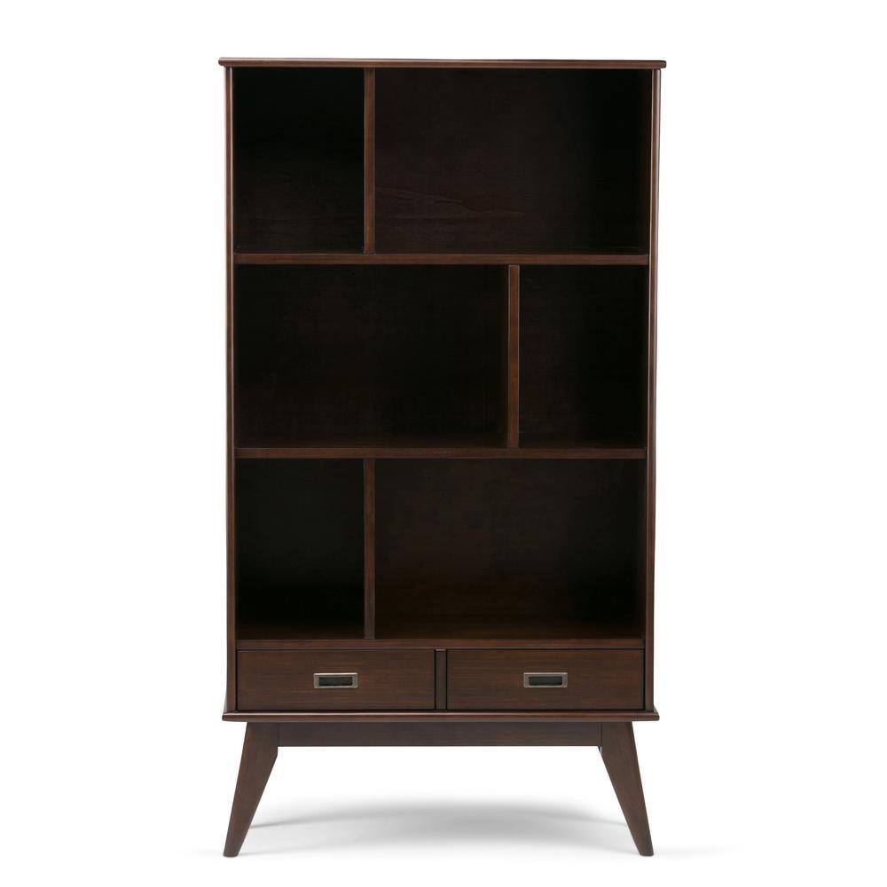 Simpli Home Draper Solid Hardwood 64 in. x 35 in. Mid-Century Modern Wide Bookcase and Storage Unit in Medium Auburn Brown